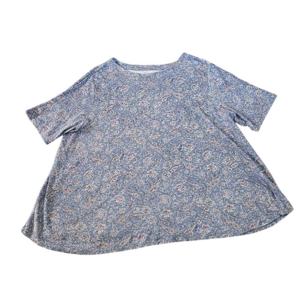 J. Jill Pima Slub Elbow Sleeve Tee Blue Paisley Floral Cotton Top Size 3X